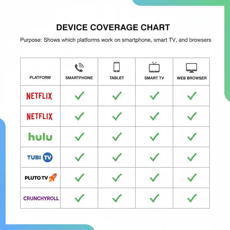 Chart showing which streaming platforms support smartphones, tablets, smart TVs, and browsers.