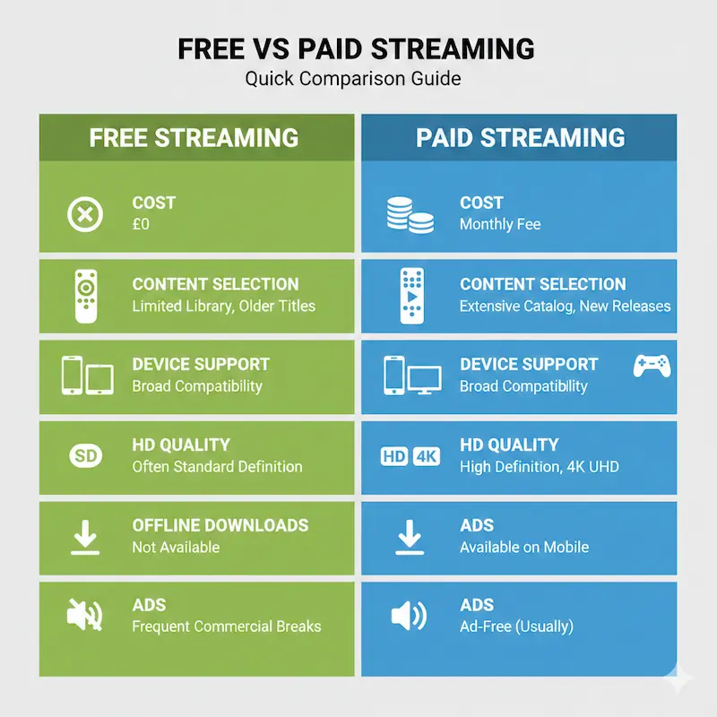 Infographic comparing free ad-supported streaming platforms with paid subscription services, including features, content, and quality.