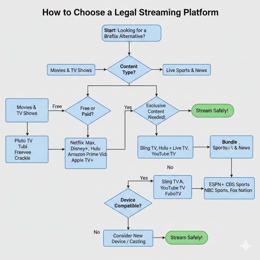 Flowchart guiding users through the decision process for choosing safe streaming alternatives based on content preferences and device compatibility.