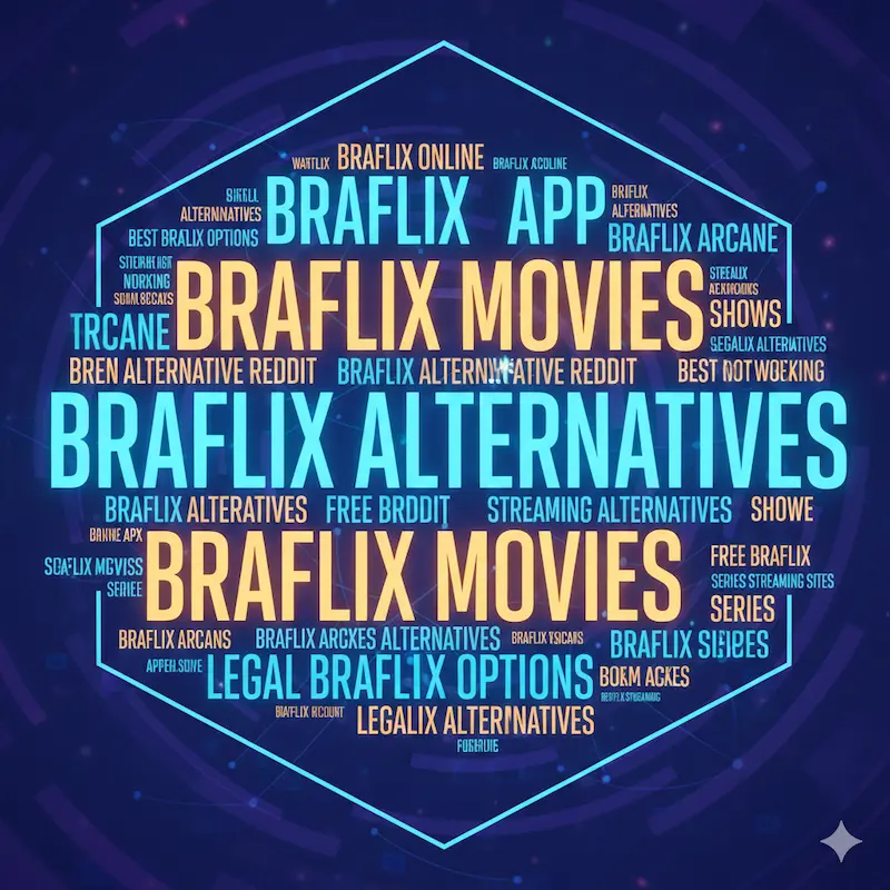 Keyword cloud of popular search terms related to Braflix and its alternatives, highlighting high-volume keywords.