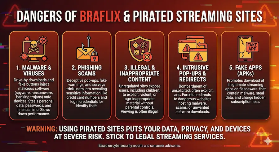 Infographic showing top 5 risks of using pirated streaming sites including malware, phishing, illegal content, pop-ups, and fake apps.