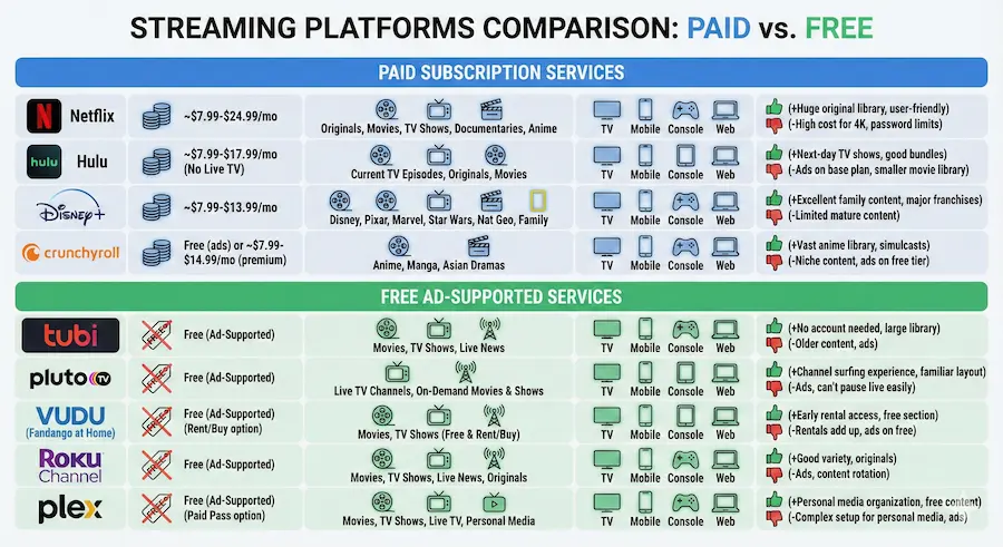 Comparison chart showing top legal streaming platforms with cost, content type, devices, pros, and cons.